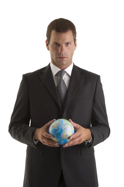 Uomo d'affari in possesso di globo — Foto Stock