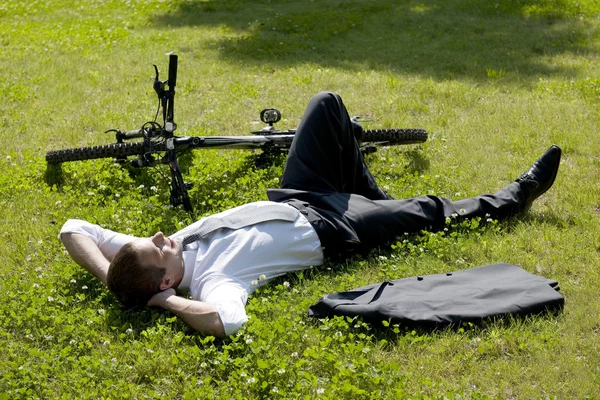 Businessman relaxing in a meadow Royalty Free Stock Images