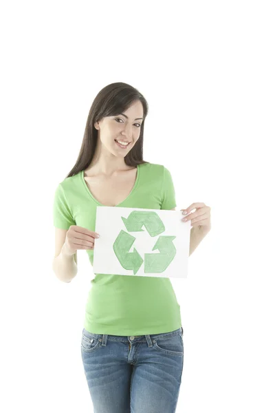 Jonge vrouw met recycling symbool — Stockfoto