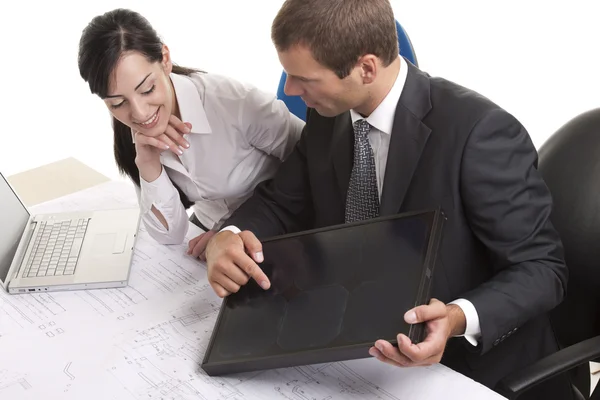 Business people wiht a small solar panel — Stock Photo, Image