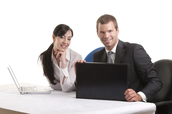 Mensen uit het bedrijfsleven met een klein zonnepaneel — Stockfoto