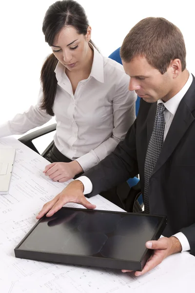 Business people wiht a small solar panel — Stock Photo, Image