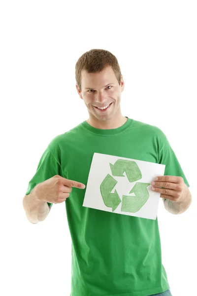 Young man with recycling symbol — Stock Photo, Image