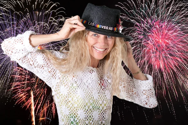 Las vegas fireworks party woman — Stock Photo, Image