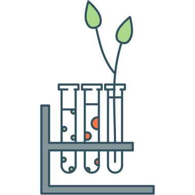 Chemical flask with plant leaf science lab research and test vector icon. Biotechnology, agriculture. medicine and cosmetic, pharmacology concept