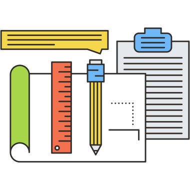 Business office icon. Work supplies vector set. Paper clipboard, pencil, paper page sheet, ruler and online chat bubble
