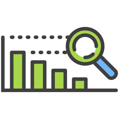 İş analizi çizelgesi çubuğu ve büyüteç düz vektör simgesi. Mali araştırma ve analiz, yatırım büyüme soruşturması, ekonomik istatistik raporları gözden geçirme sembolü