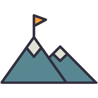 Dağ bayrağı ikonu. Karlı dağ zirvesi dizaynında vektör bayrağı. İş mücadelesi, kariyer yolu, görev, hedef ve başarı kavramı