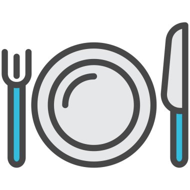Tabak, çatal ve bıçak ikonu. Vektör yemeği, menü, çatal bıçak takımı sembolü. Kafe ve otel restoran servisi konsepti