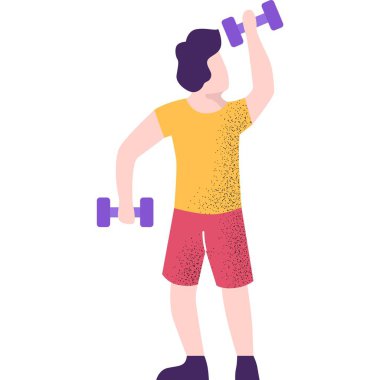 Vektör adam dambıl ikonuyla egzersiz yapıyor. Beyaz arka planda izole edilmiş spor beden egzersizi yapan güçlü bir sporcu.