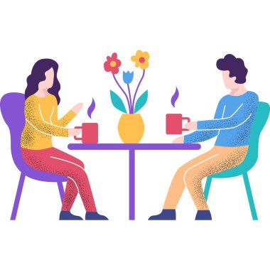 Man and woman drink coffee sitting at table in cafe vector icon isolated on white background. Dating and romantic conversation of two people