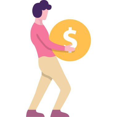 Altın dolarlık vektör ikonu tutan adam. Para kazanmak, sermaye artırmak, para peşinde koşmak, sermaye kazançları