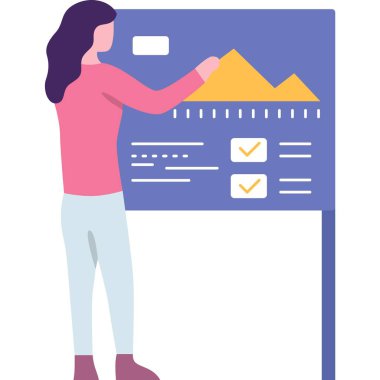 Ofis çalışanı istatistik düz vektör simgesini analiz ediyor. İş kadını, beyaz arka planda tecrit edilmiş proje planlamasından hoşlanıyor