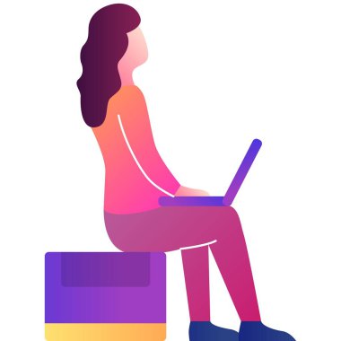 Woman work on laptop computer vector icon. Business person chatting online. Teacher holding webinar. Freelancer having video call