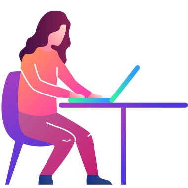 Woman working laptop flat vector icon. Chat bot ai development and machine learning concept