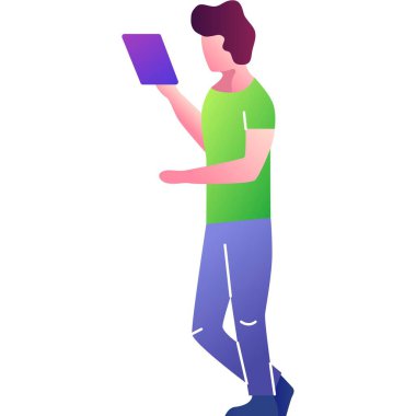 Man working mobile tablet flat vector icon. Chat bot ai development and machine learning concept