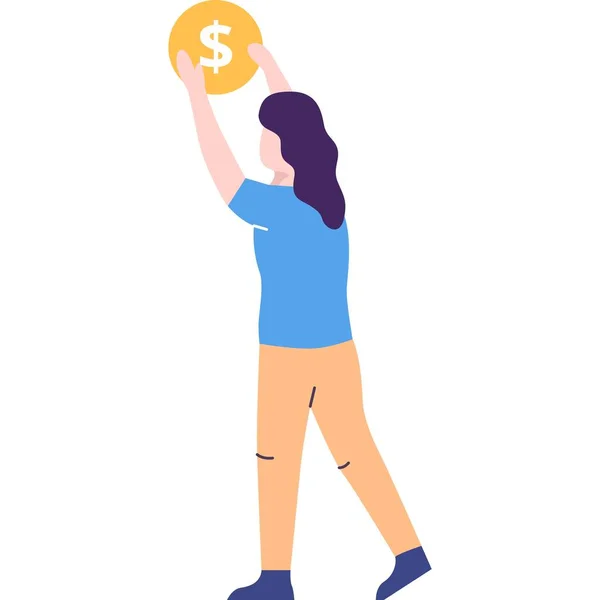 Vector Woman Holding Money Coin Financial Income Profit Flat Icon — Stock Vector