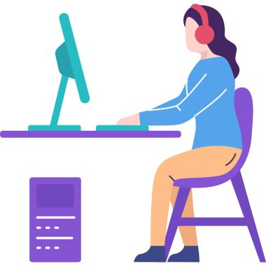 Customer support service icon. Vector woman operator in headset working online on laptop isolated on white background