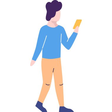 Communication in network icon. Vector man holding smartphone isolated on white background