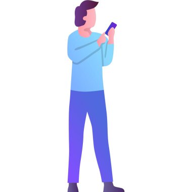 Vektör adam akıllı telefon simgesi kullanıyor. Mobil uygulama kavramının tanıtımı veya sunumu