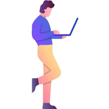 Laptop ikon vektörü olan adam beyaz arkaplanda izole edildi. Çevrimiçi eğitim, iş eğitimi ve e-posta pazarlama kavramı