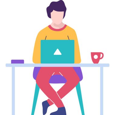 Adam oturuyor ve dizüstü bilgisayar vektör simgesi üzerinde çalışıyor. Uzaktan çalışma, e-öğrenme, ev ofisi. Bilgisayarı beyaz arkaplanda izole edilmiş serbest programcı
