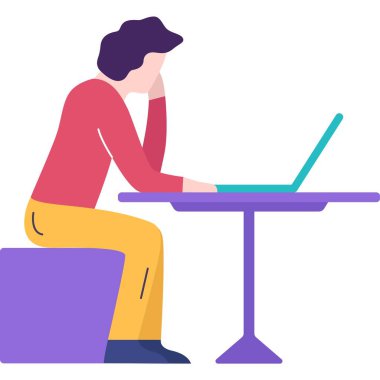 Laptop bilgisayar vektörü üzerinde çalışan dalgın bir adam. Erkek karakterin çözüm ikonu aradığını düşünüyorum. Sorunlu insanlar beyaz arka planda izole edilmiş