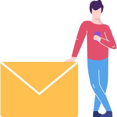 Sanal asistan simgesi. Vektör adam beyaz arkaplanda izole cep telefonundan e- posta alıyor