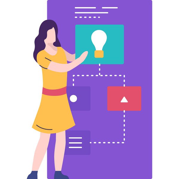 Значок творческого процесса. Векторная женщина работает над идеей. Графический веб-дизайн, концепция бизнес-технологий