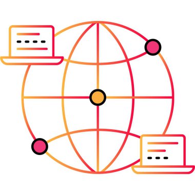Bilgisayar ağı ana hat simgesi. Bulut hesaplama teknolojisi vektörü. Düz dizüstü bilgisayar ve dünya haritası tasarımı