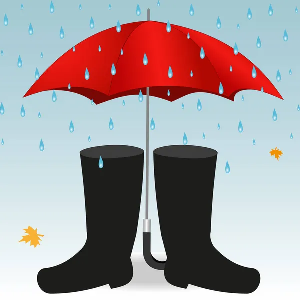Illustration Ett Rött Paraply Och Stövlar Regndroppar — Stock vektor