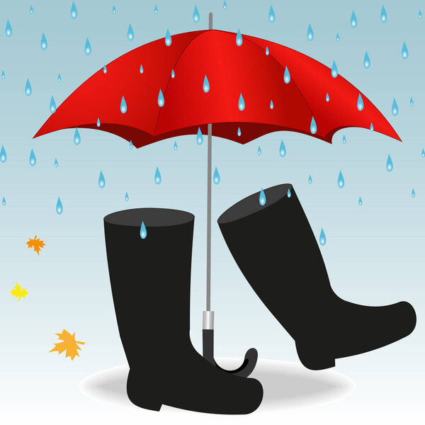 Illustration of a red umbrella and boots under raindrops