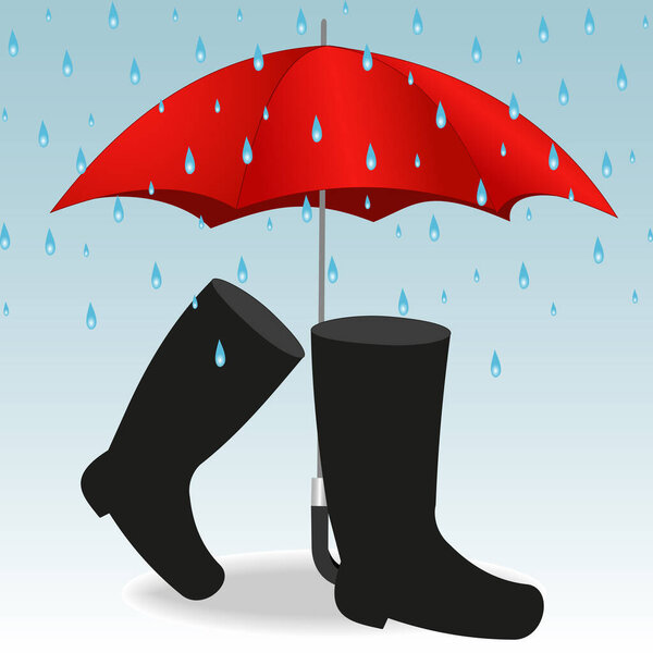 Illustration of a red umbrella and boots under raindrops