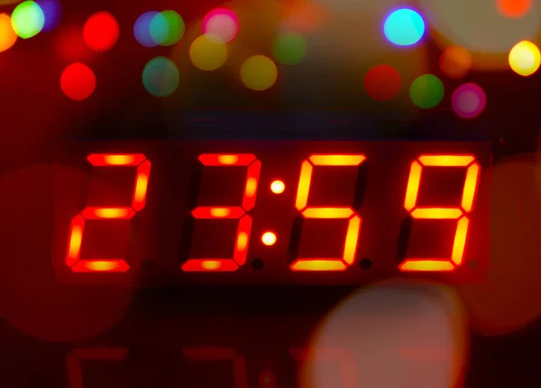 Digital Clock Dark Bokeh Colored Lights — 스톡 사진