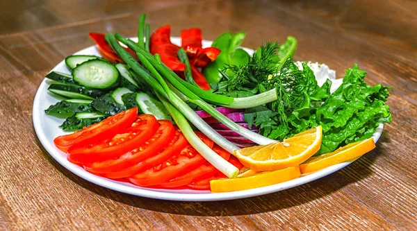 Platter Chopped Vegetables Fruits Table — Stock Photo, Image