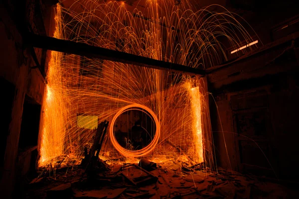 Light painting in abandon house, fire painting — Stock Photo, Image