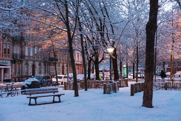 Straßburg Und Velo Schnee Wintermorgen — Stockfoto