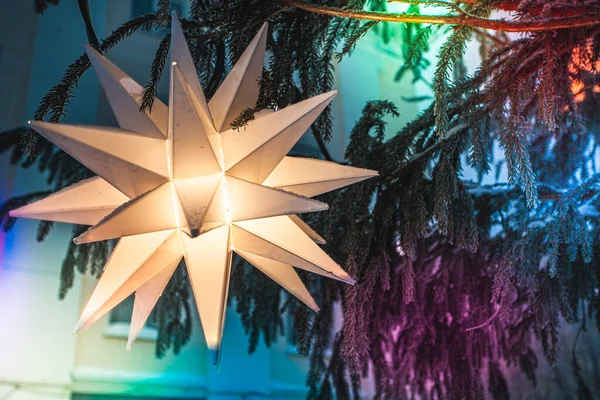 Big white strar and snowflakes on christmas tree — Zdjęcie stockowe