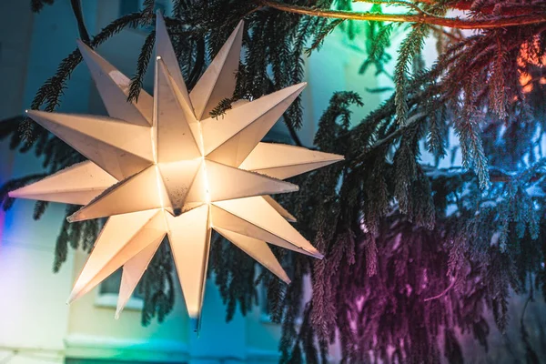 Big white strar and snowflakes on christmas tree — Fotografia de Stock