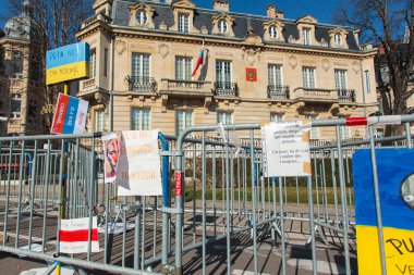 War in Ukraine, support with poster, Strasbourg, France, Russian consulate, February 2022