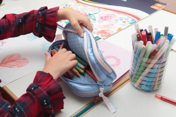 Lesson Drawing Children Pencil Hands White Paper — Stock Photo, Image