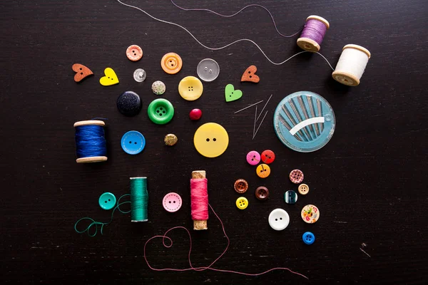 Art Handswork Children Sewing Threads Buttons Needles Black Background — Stock Photo, Image