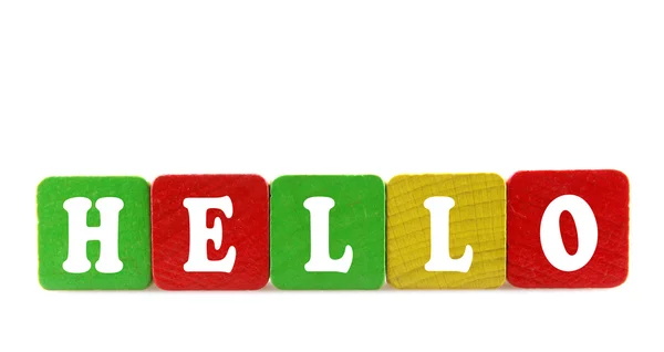 Hello - isolated text in wooden building blocks — Stock Photo, Image