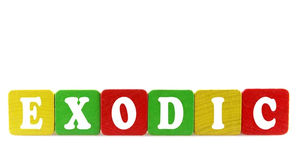 Exotic - isolated text in wooden building blocks — Stock Photo, Image