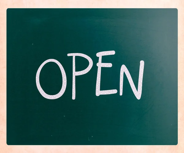 The word "Open" handwritten with white chalk on a blackboard — Stock Photo, Image