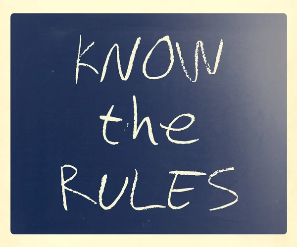 "Znáte pravidla"v rukou s bílou křídou na tabuli — Stock fotografie