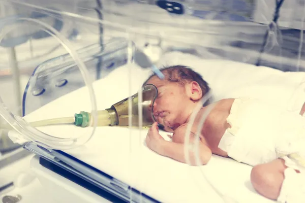 Newborn baby inside incubator Stock Photo