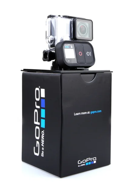 GoPro HERO3 Black Edition isolated on white background. GoPro is a brand of high-definition personal cameras, often used in extreme action video photography. — Stock Photo, Image