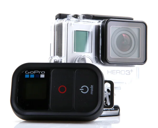 GoPro HERO3 Black Edition isolated on white background. GoPro is a brand of high-definition personal cameras, often used in extreme action video photography. — Stock Photo, Image