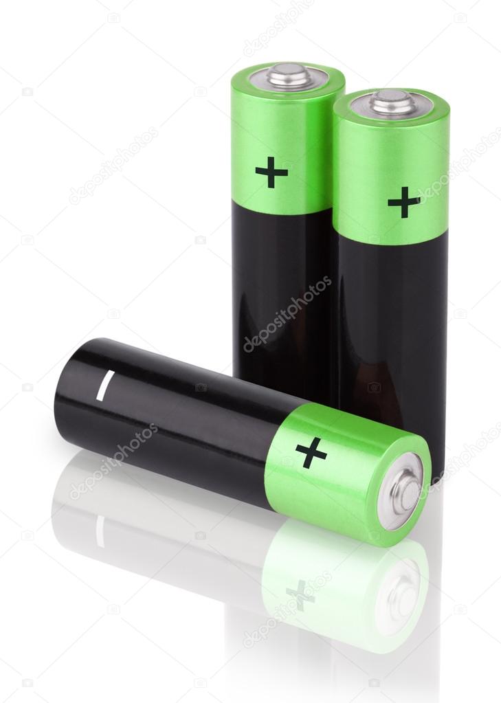 Closeup of three AA batteries